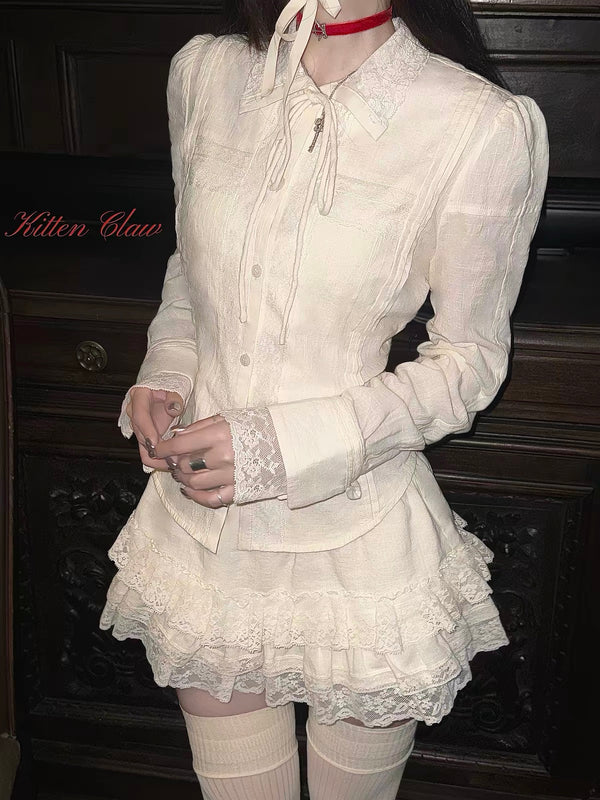 KittenClaw Morning Light Beige Gothic Lace Cross 100% Cotton Top and skirt set