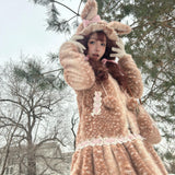 [Rose Island] Deer In Flower Field Faux Fur Coat