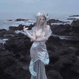 [Blood Supply] Silver Song Of Siren Mermaid Illusion Halter Maxi Dress