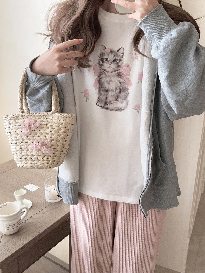 Get trendy with Rose Kitty Cotton T-shirt Top - Sweater available at Peiliee Shop. Grab yours for $16 today!