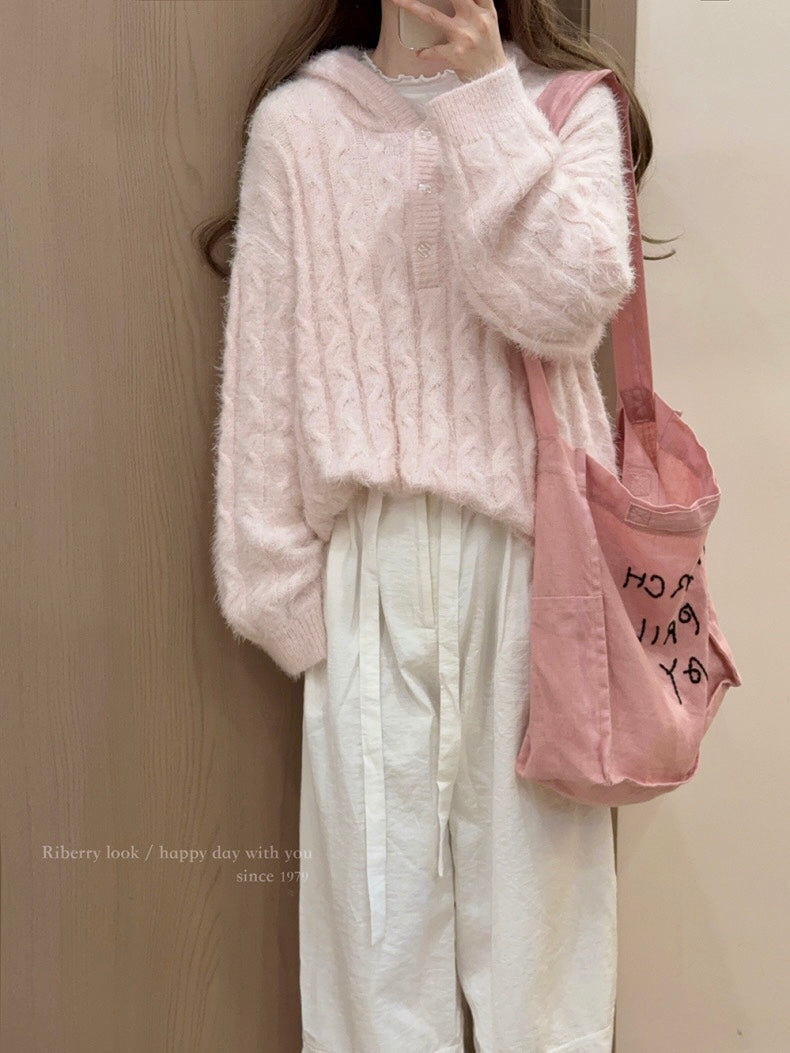 Get trendy with Soft Pink Age Wool Blended Sweater Hoodie - Sweater available at Peiliee Shop. Grab yours for $9 today!