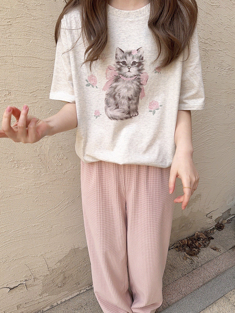 Get trendy with Rose Kitty Cotton T-shirt Top - Sweater available at Peiliee Shop. Grab yours for $16 today!