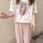 Get trendy with Rose Kitty Cotton T-shirt Top - Sweater available at Peiliee Shop. Grab yours for $16 today!