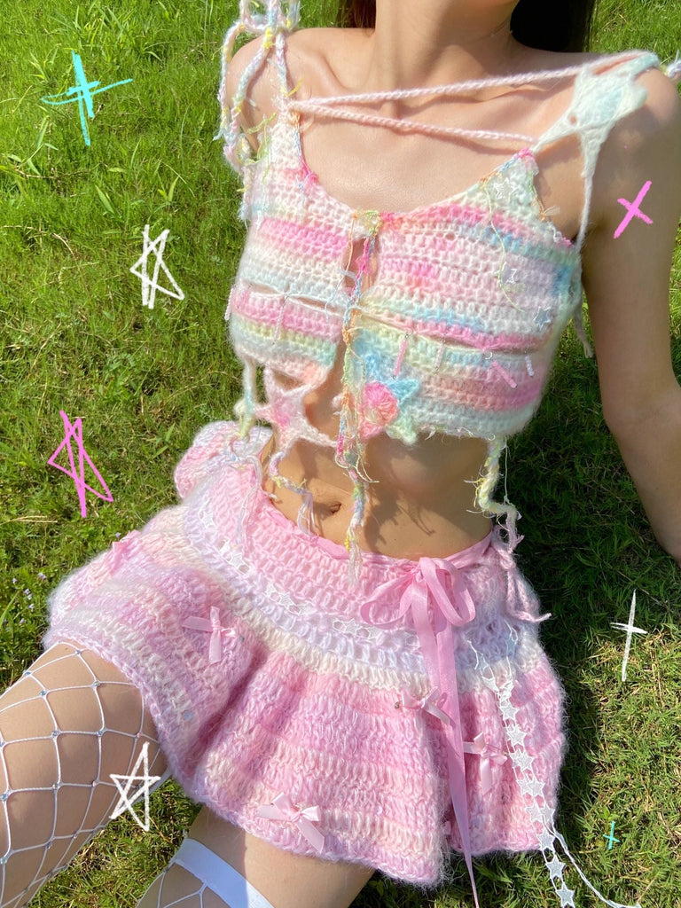 Get trendy with [Customized Handmade] Lil Pink Cake Monster Knitting Top and Skirt set -  available at Peiliee Shop. Grab yours for $59 today!