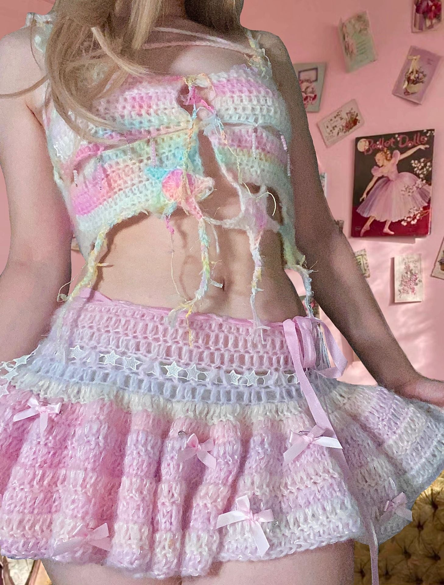 Get trendy with [Customized Handmade] Lil Pink Cake Monster Knitting Top and Skirt set -  available at Peiliee Shop. Grab yours for $59 today!