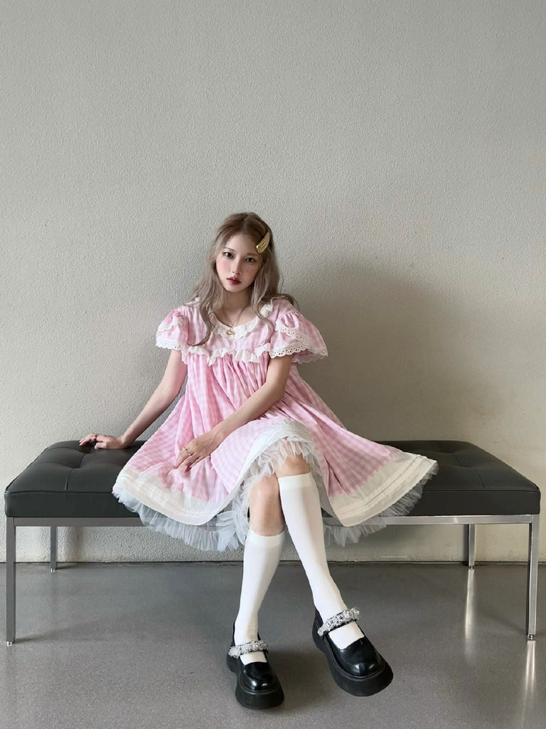 [August Unicorn] Handmade Pink Gingham Petal Puff Dress - Premium Dresses from August Unicorn - Just $104! Shop now at Peiliee Shop