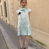 [Pre-order 15% At Checkout] UNOSA Mint Satin Double-Breasted Pleated Dress