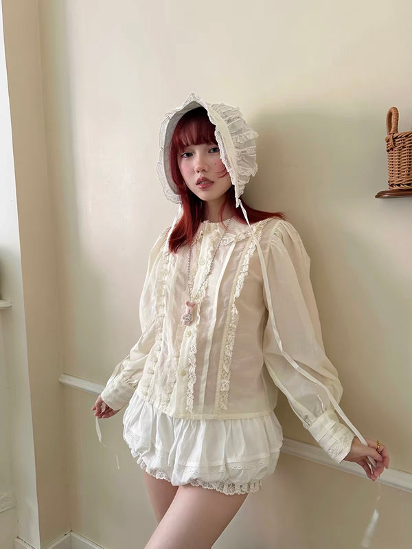 August Unicorn Vintage Lace-Trim 30% Silk 70% Cotton Blouse