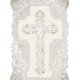 Decorative cross with intricate silver filigree frame on a white background KittenClaw logo via Peilieeshop