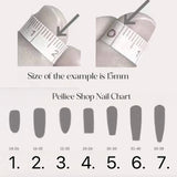 Nail shape chart with measurement tool and labeled nail shapes.