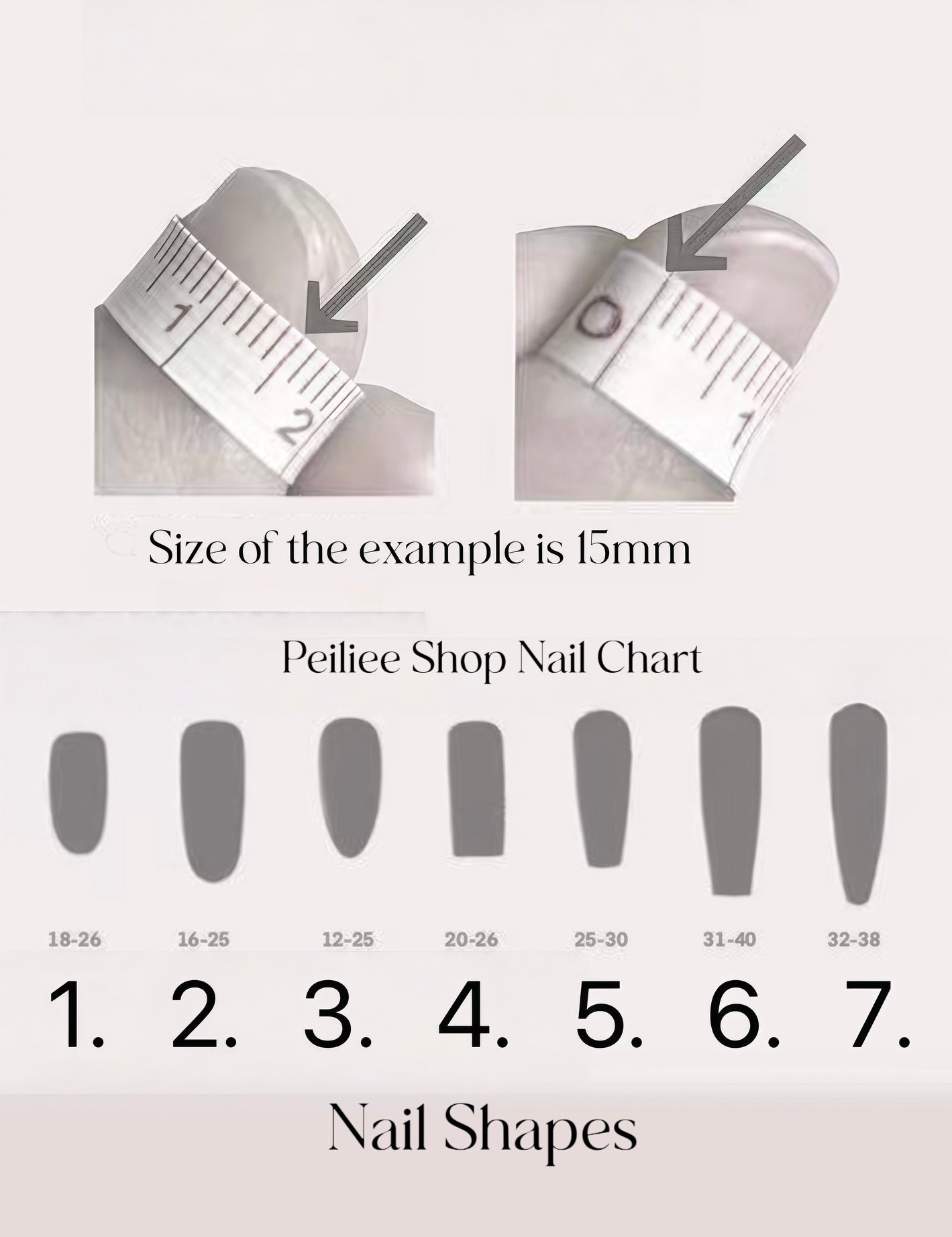Nail shape chart with measurement tool and labeled nail shapes.