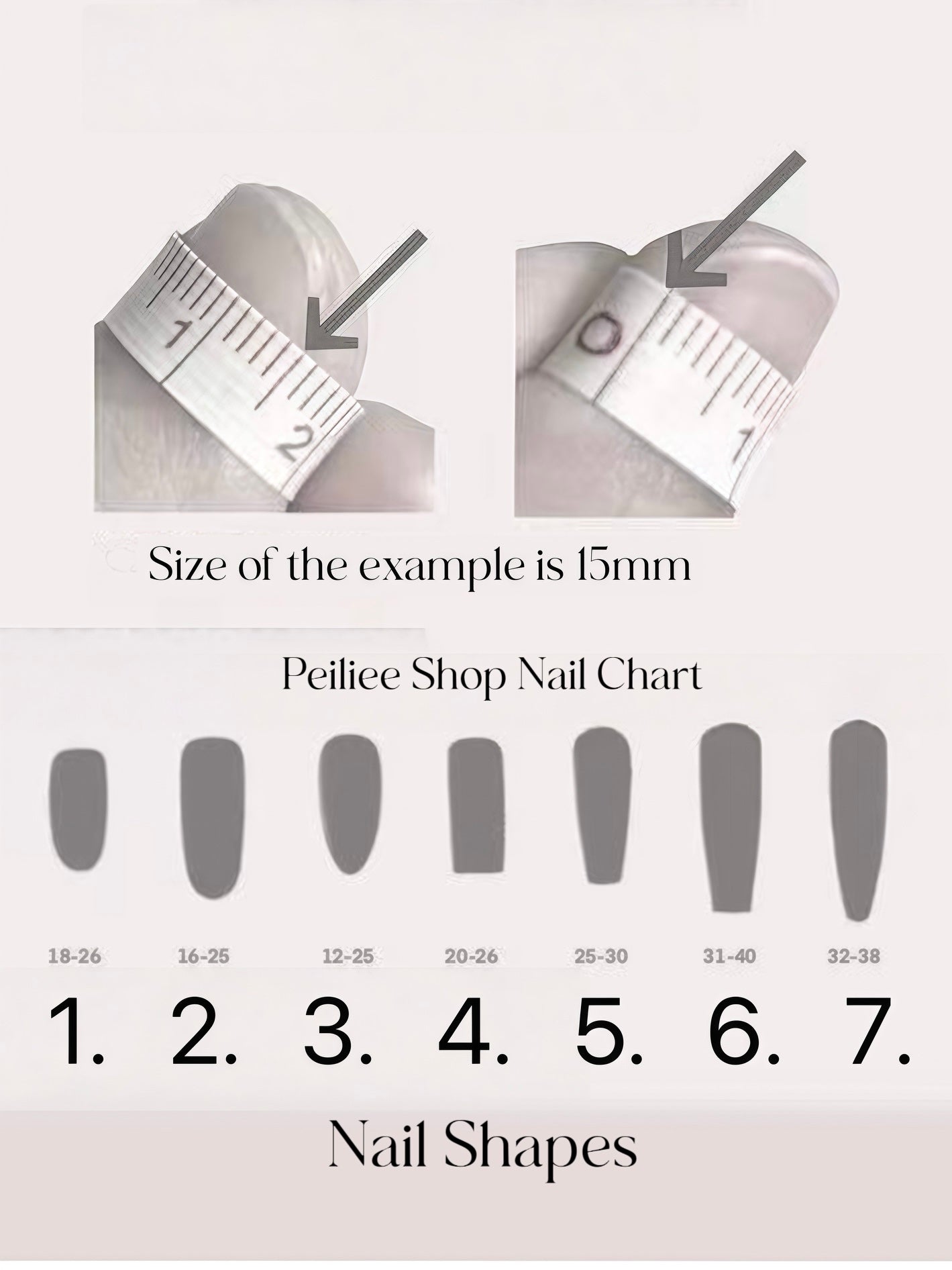 Nail shape chart with measurement tool and labeled nail shapes.