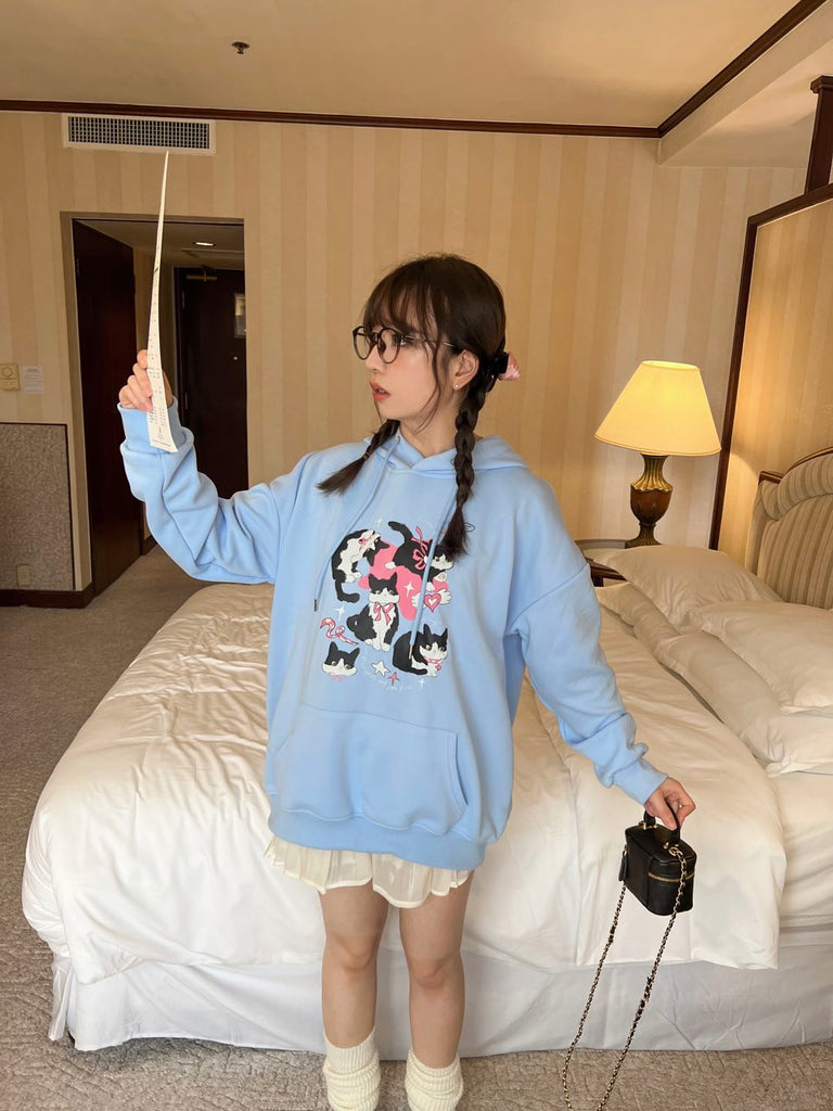 Get trendy with [Rose Candy] Cow Cat Blue Cozy Hoodie - Shirts & Tops available at Peiliee Shop. Grab yours for $33 today!