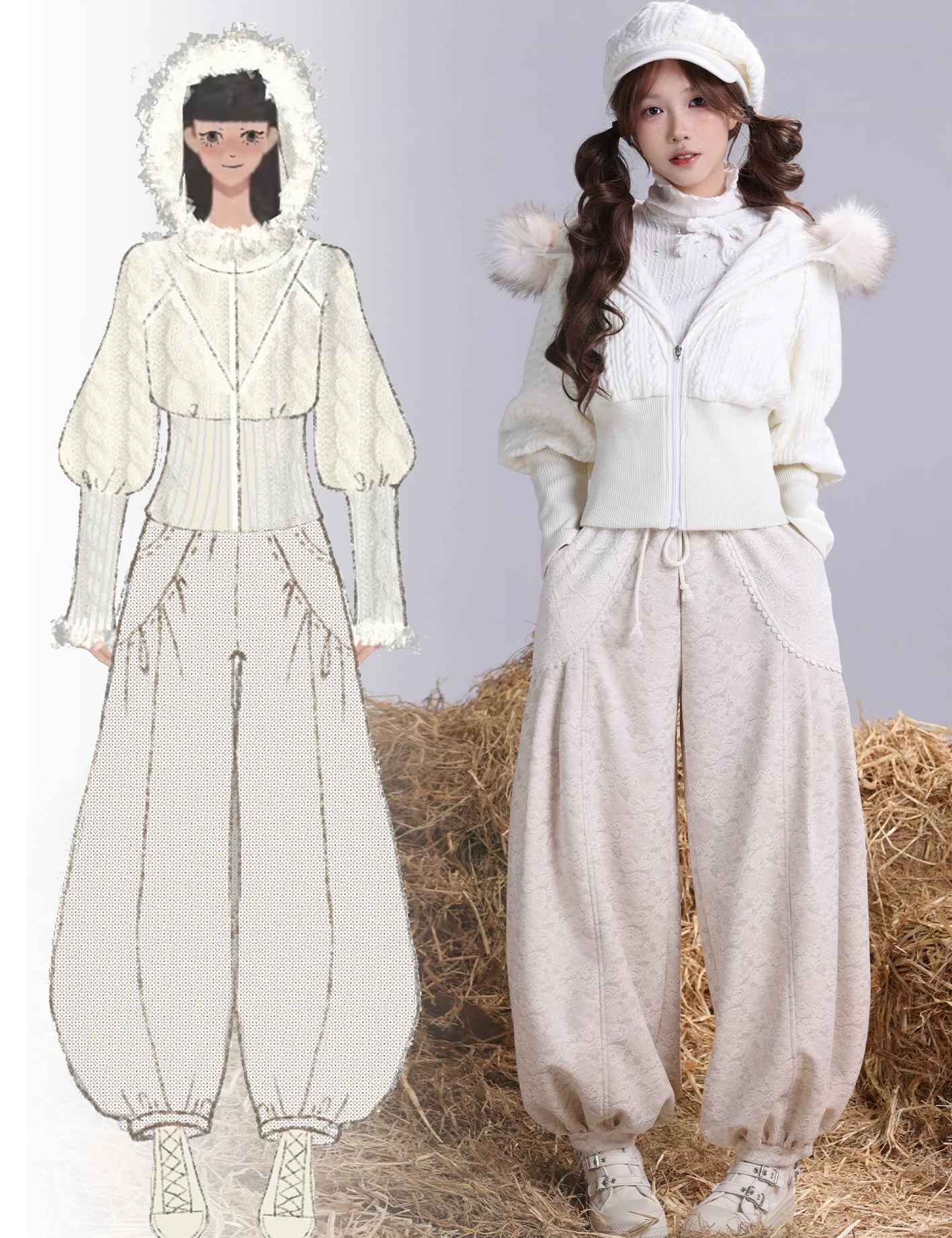 White winter outfit with fur trim on a person standing on hay. with design hand drawing picture on the side