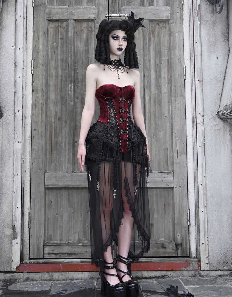 Get trendy with [Blood Supply]Halloween Alice Dark Gothic Corset and Lace-up Set (Red) - Clothing available at Peiliee Shop. Grab yours for $18 today!