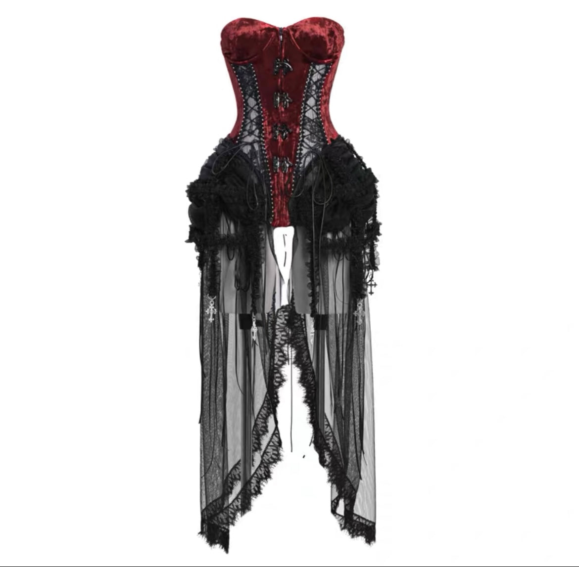 [Blood Supply]Halloween Alice Dark Gothic Corset and Lace-up Set (Red) - S  / Bustier Three-Piece Set: Corset + Bustier Cage + Mesh Hem