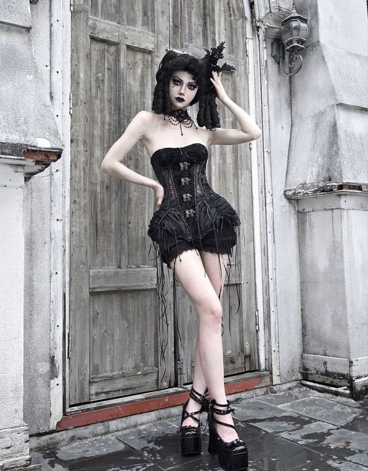 Get trendy with [Blood Supply]Alice Dark Gothic Corset and Lace-up Set (Black) - Clothing available at Peiliee Shop. Grab yours for $18 today!