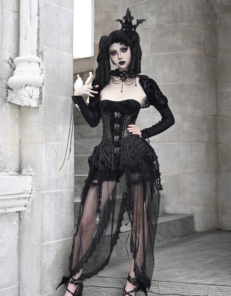 Get trendy with [Blood Supply]Alice Dark Gothic Corset and Lace-up Set (Black) - Clothing available at Peiliee Shop. Grab yours for $18 today!