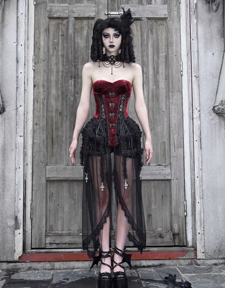 Get trendy with [Blood Supply]Halloween Alice Dark Gothic Corset and Lace-up Set (Red) - Clothing available at Peiliee Shop. Grab yours for $18 today!