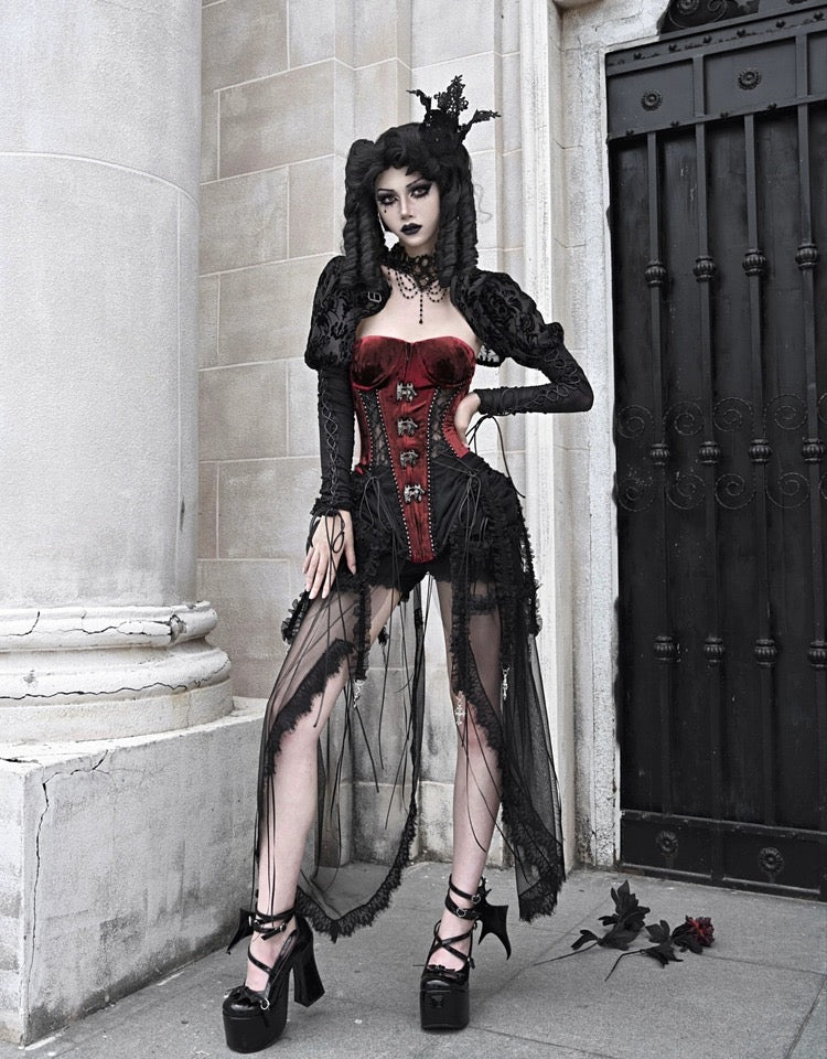 Get trendy with [Blood Supply]Halloween Alice Dark Gothic Corset and Lace-up Set (Red) - Clothing available at Peiliee Shop. Grab yours for $18 today!