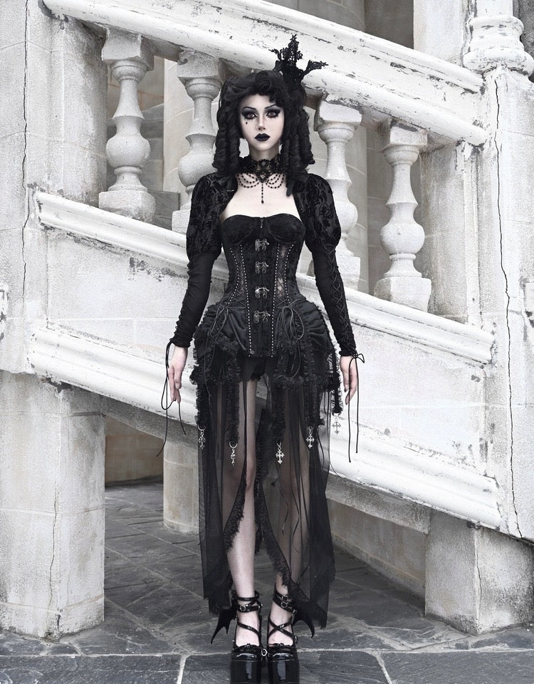 Get trendy with [Blood Supply]Alice Dark Gothic Corset and Lace-up Set (Black) - Clothing available at Peiliee Shop. Grab yours for $18 today!