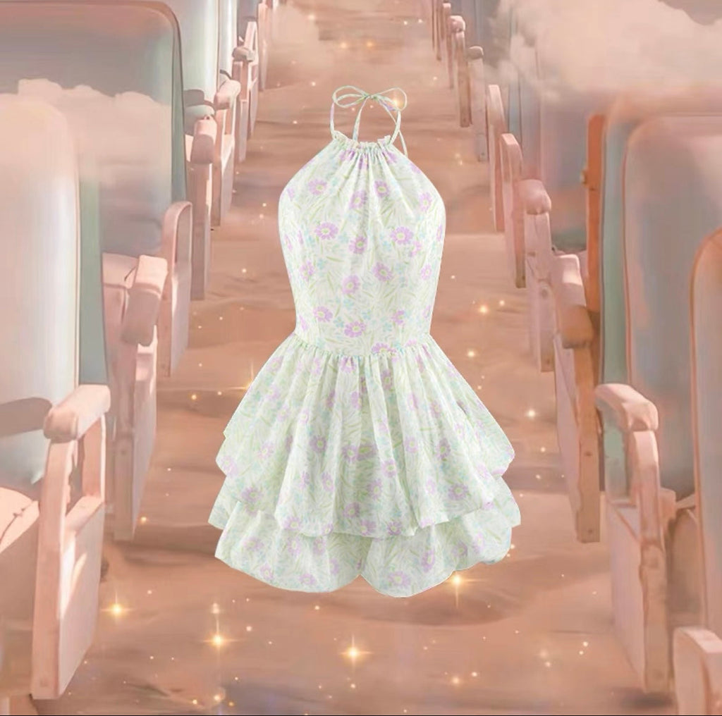 [Mummy Cat]Lavender Mist Floral Halter Mini  Dress - Premium  from Mummy Cat - Just $47! Shop now at Peiliee Shop