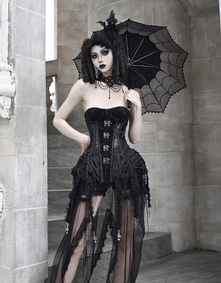 Get trendy with [Blood Supply]Alice Dark Gothic Corset and Lace-up Set (Black) - Clothing available at Peiliee Shop. Grab yours for $18 today!