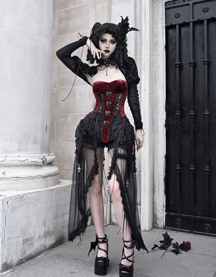 Get trendy with [Blood Supply]Halloween Alice Dark Gothic Corset and Lace-up Set (Red) - Clothing available at Peiliee Shop. Grab yours for $18 today!