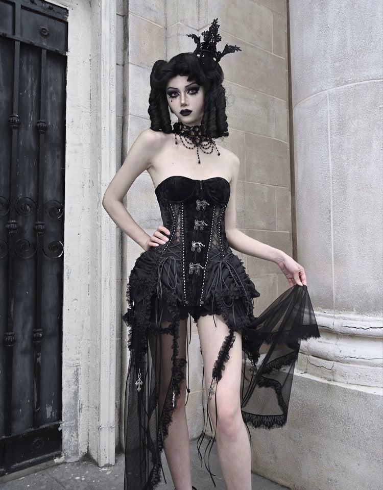 Get trendy with [Blood Supply]Alice Dark Gothic Corset and Lace-up Set (Black) - Clothing available at Peiliee Shop. Grab yours for $18 today!