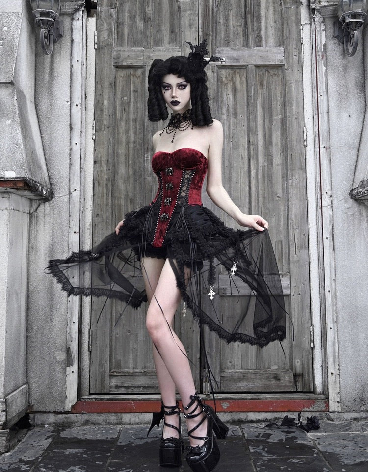 Get trendy with [Blood Supply]Halloween Alice Dark Gothic Corset and Lace-up Set (Red) - Clothing available at Peiliee Shop. Grab yours for $18 today!