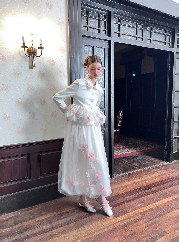 [UNOSA] Cherry Blossom Organza Double-layer Floral Dream Set with cardigan suit top and skirt - Premium  from UNOSA - Just $60! Shop now at Peiliee Shop