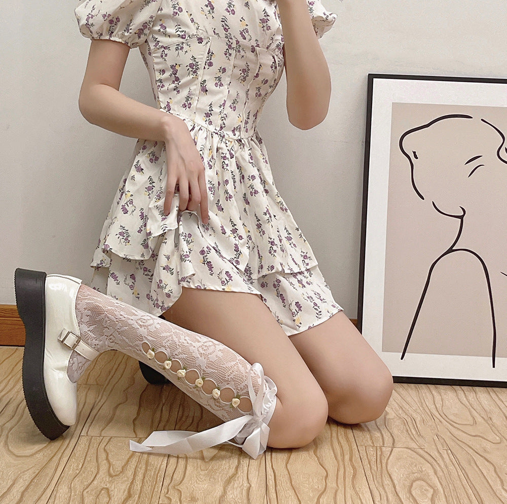 Get trendy with Flower Babydoll Below-knee Socks -  available at Peiliee Shop. Grab yours for $8 today!