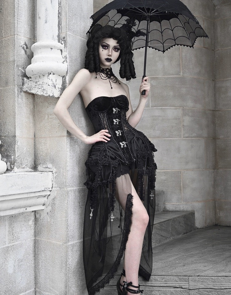 Get trendy with [Blood Supply]Alice Dark Gothic Corset and Lace-up Set (Black) - Clothing available at Peiliee Shop. Grab yours for $18 today!