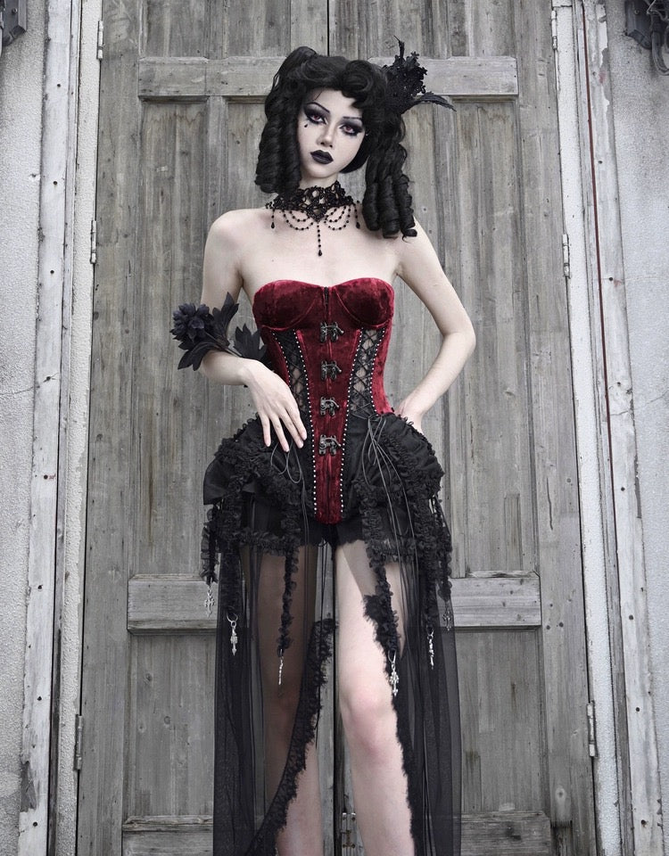 Get trendy with [Blood Supply]Halloween Alice Dark Gothic Corset and Lace-up Set (Red) - Clothing available at Peiliee Shop. Grab yours for $18 today!