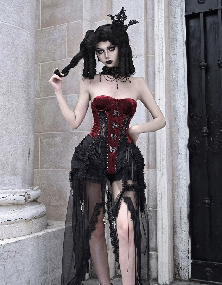 Get trendy with [Blood Supply]Halloween Alice Dark Gothic Corset and Lace-up Set (Red) - Clothing available at Peiliee Shop. Grab yours for $18 today!