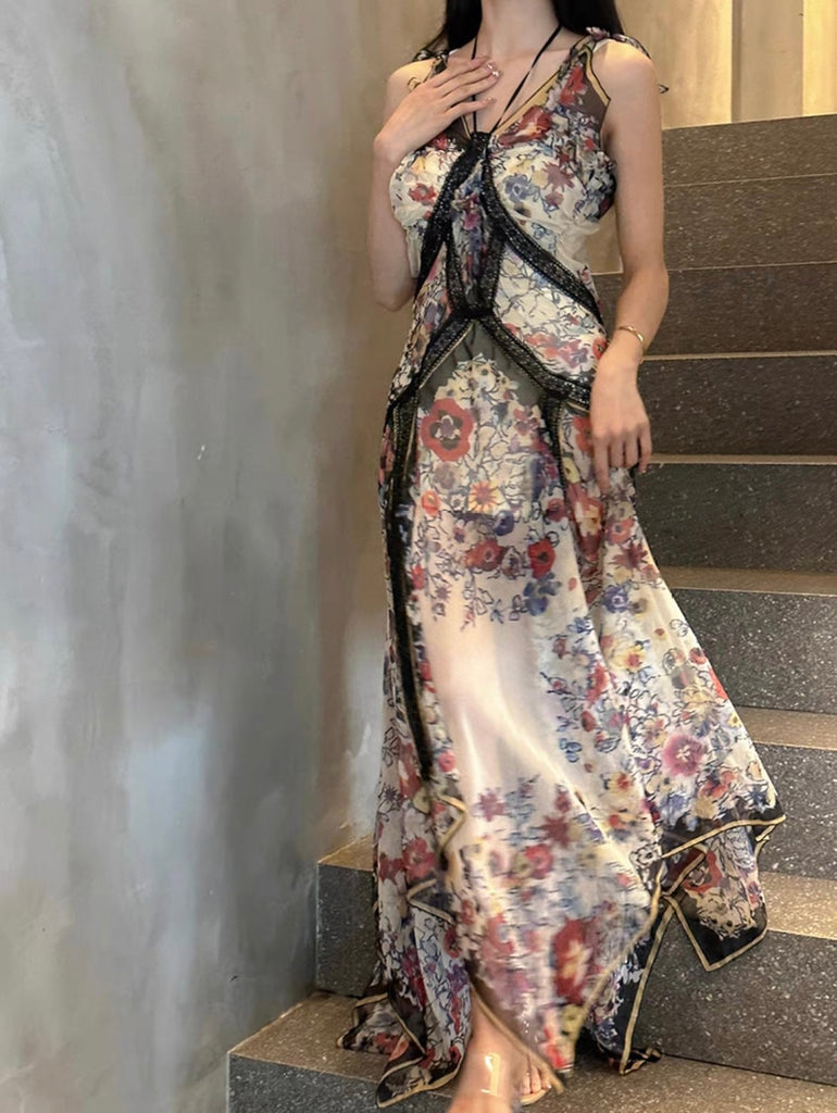Get trendy with French Romance Vintage Halter Floral Heavy-Duty Dress - Dress available at Peiliee Shop. Grab yours for $50 today!