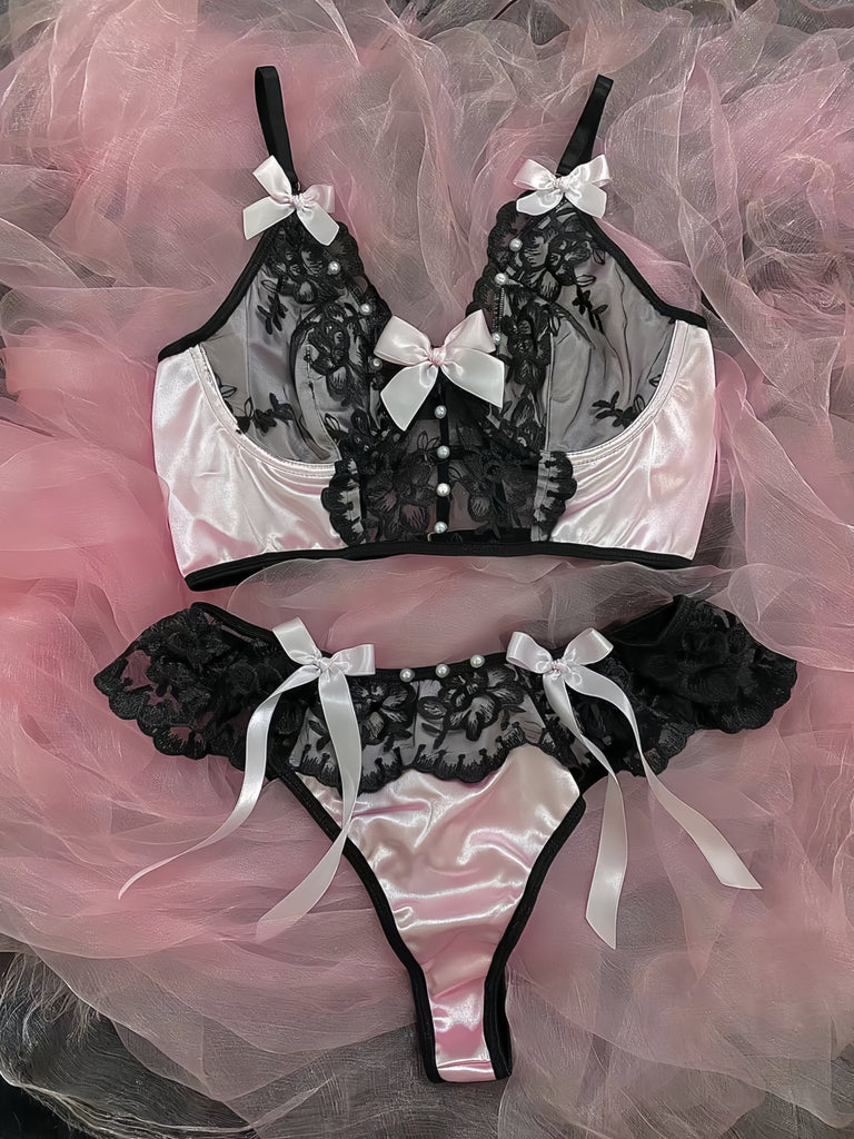 Sample Sale / Black Cotton and Pink Lace Bralette With Bows / Soft Bra Ddlg  Sexy Lingerie Frilly Lingerie / Ready to Ship 