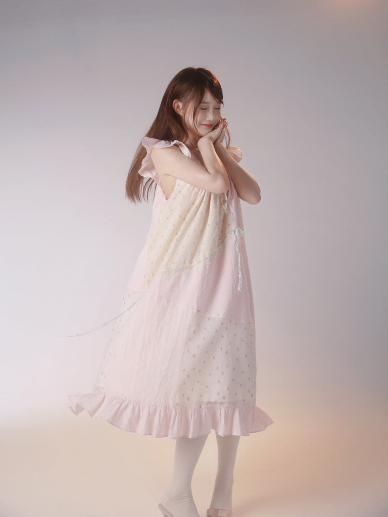 [Rose Island] Stitched loose small flying sleeve pink dress - Premium  from Rose Island - Just $63.00! Shop now at Peiliee Shop