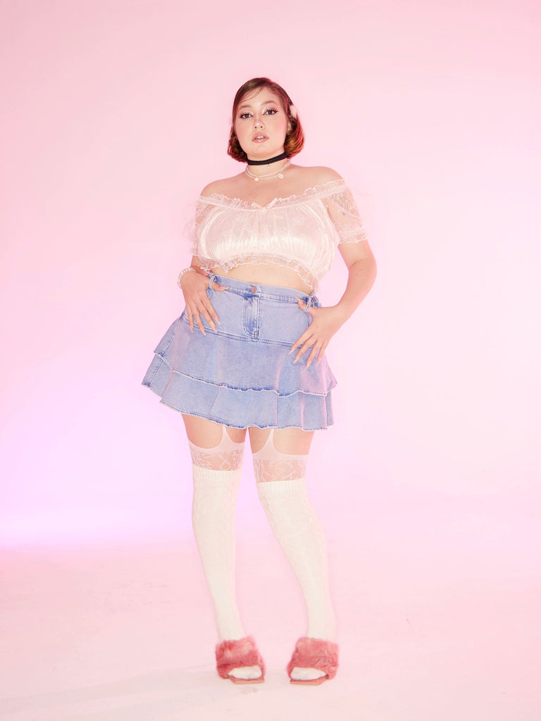 Get trendy with [Curve Beauty] Summer Fun Denim Mini Skirt -  available at Peiliee Shop. Grab yours for $39.90 today!