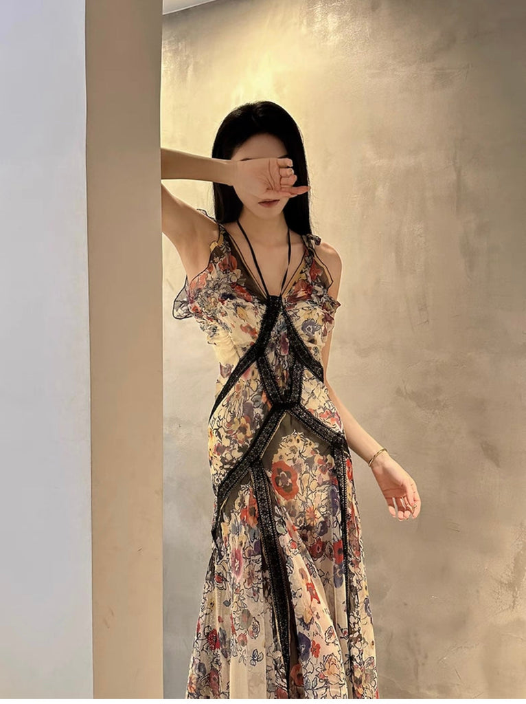 French Romance Vintage Halter Floral Heavy-Duty Dress - Premium Dress from Aguo Studio - Just $50.00! Shop now at Peiliee Shop
