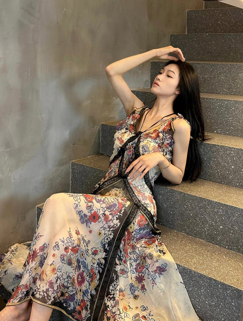 French Romance Vintage Halter Floral Heavy-Duty Dress - Premium Dress from Aguo Studio - Just $50.00! Shop now at Peiliee Shop