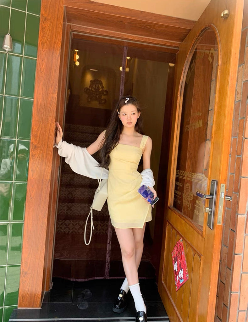Get trendy with Casual Yellow Waist-cinching Strap Short Dress - Dress available at Peiliee Shop. Grab yours for $42 today!