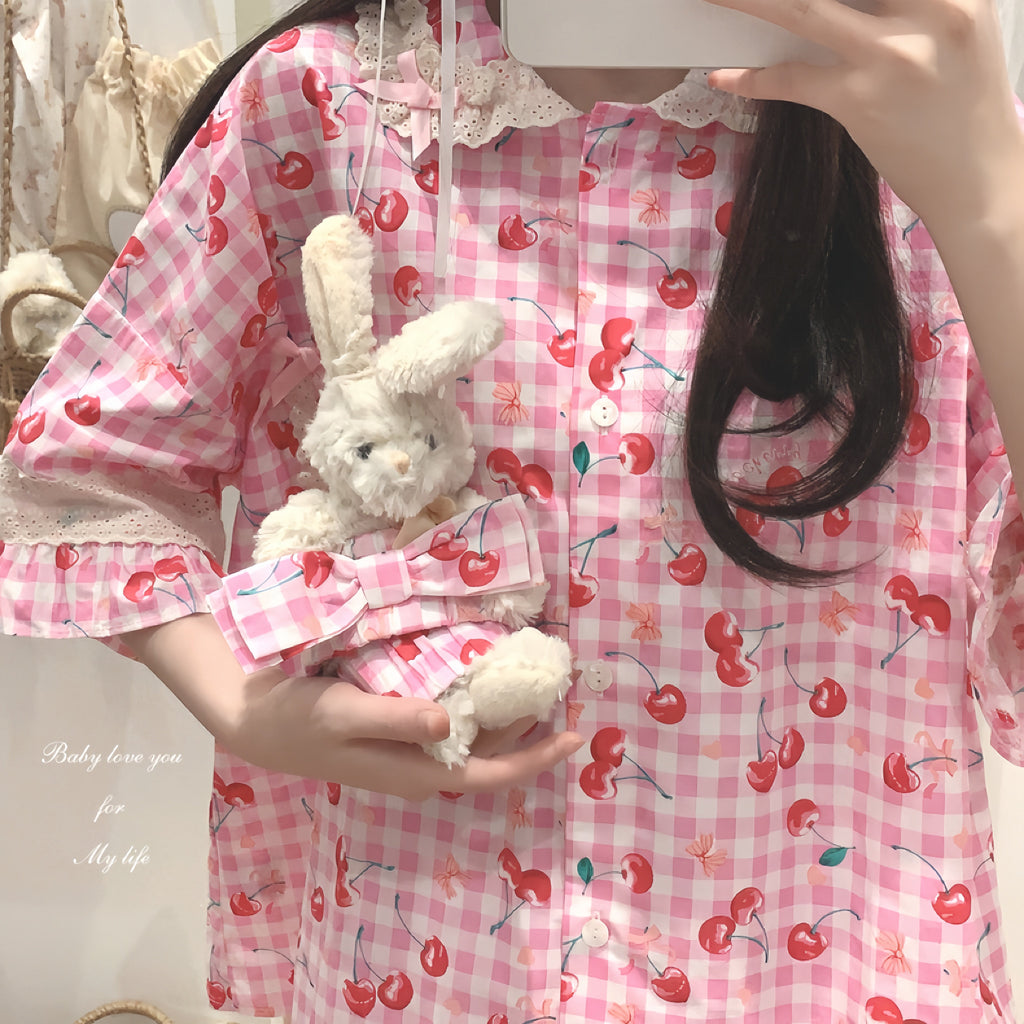 Get trendy with [Basic] Cherry Doll Cotton Pajamas -  available at Peiliee Shop. Grab yours for $22 today!