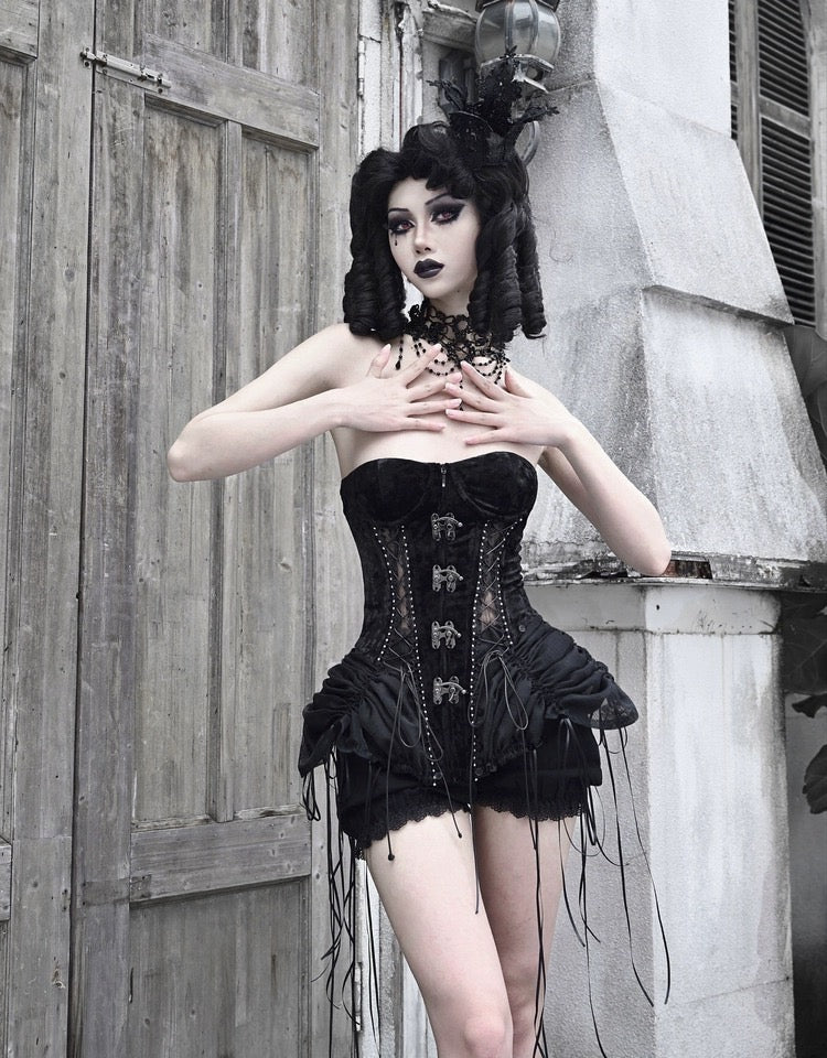 Get trendy with [Blood Supply]Alice Dark Gothic Corset and Lace-up Set (Black) - Clothing available at Peiliee Shop. Grab yours for $18 today!