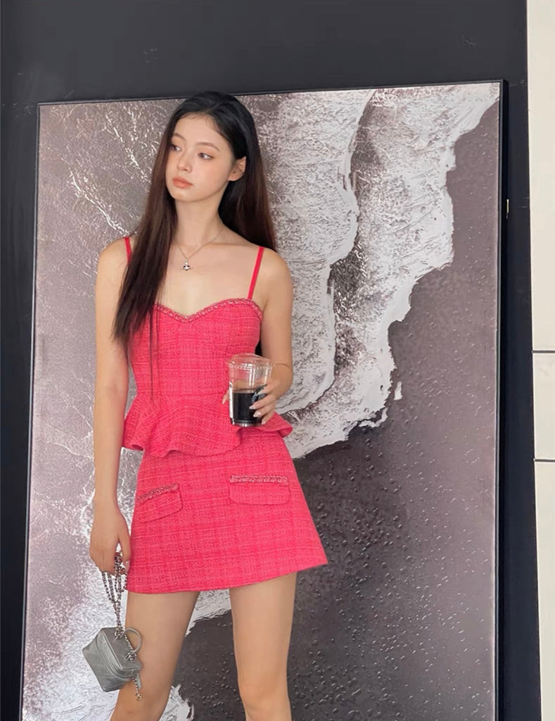 Get trendy with Strawberry Crush Mini Dress Top + skirt set - Dress available at Peiliee Shop. Grab yours for $39 today!