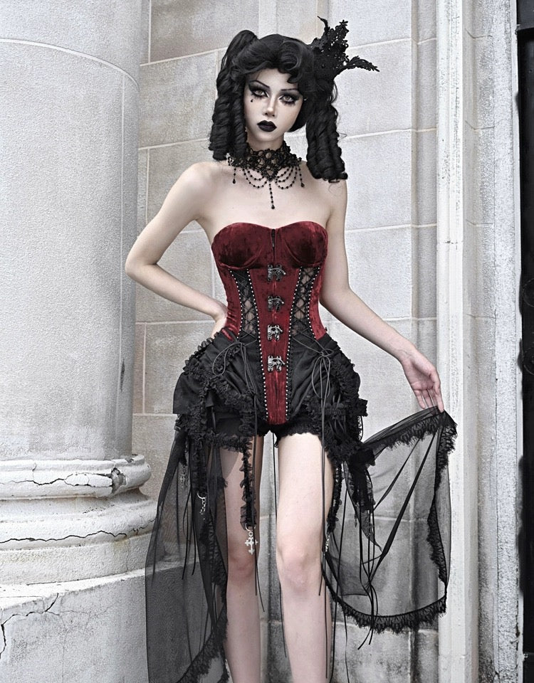 Get trendy with [Blood Supply]Halloween Alice Dark Gothic Corset and Lace-up Set (Red) - Clothing available at Peiliee Shop. Grab yours for $18 today!