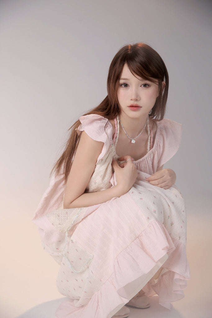 [Rose Island] Stitched loose small flying sleeve pink dress - Premium  from Rose Island - Just $63.00! Shop now at Peiliee Shop