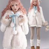 Two girls wearing matching outfits with fluffy white lamb sheep ear coats and light pink hair on a gray background.