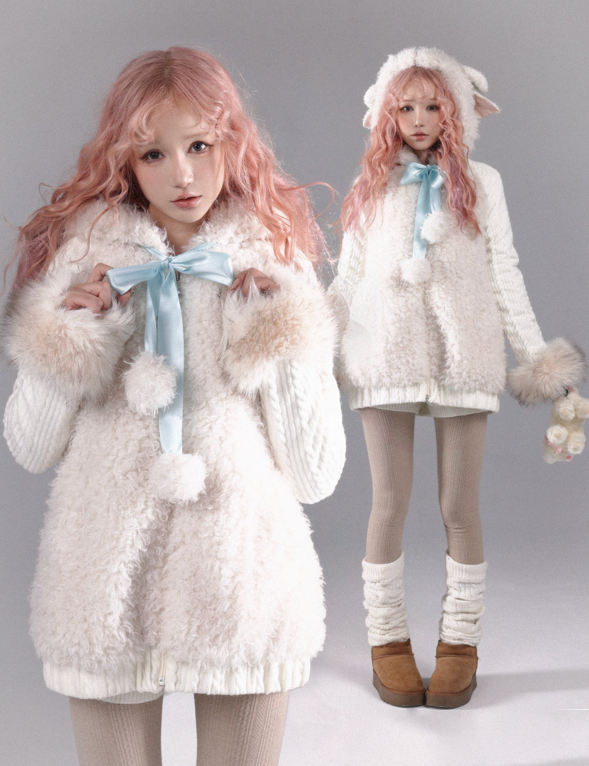 Two girls wearing matching outfits with fluffy white lamb sheep ear coats and light pink hair on a gray background.