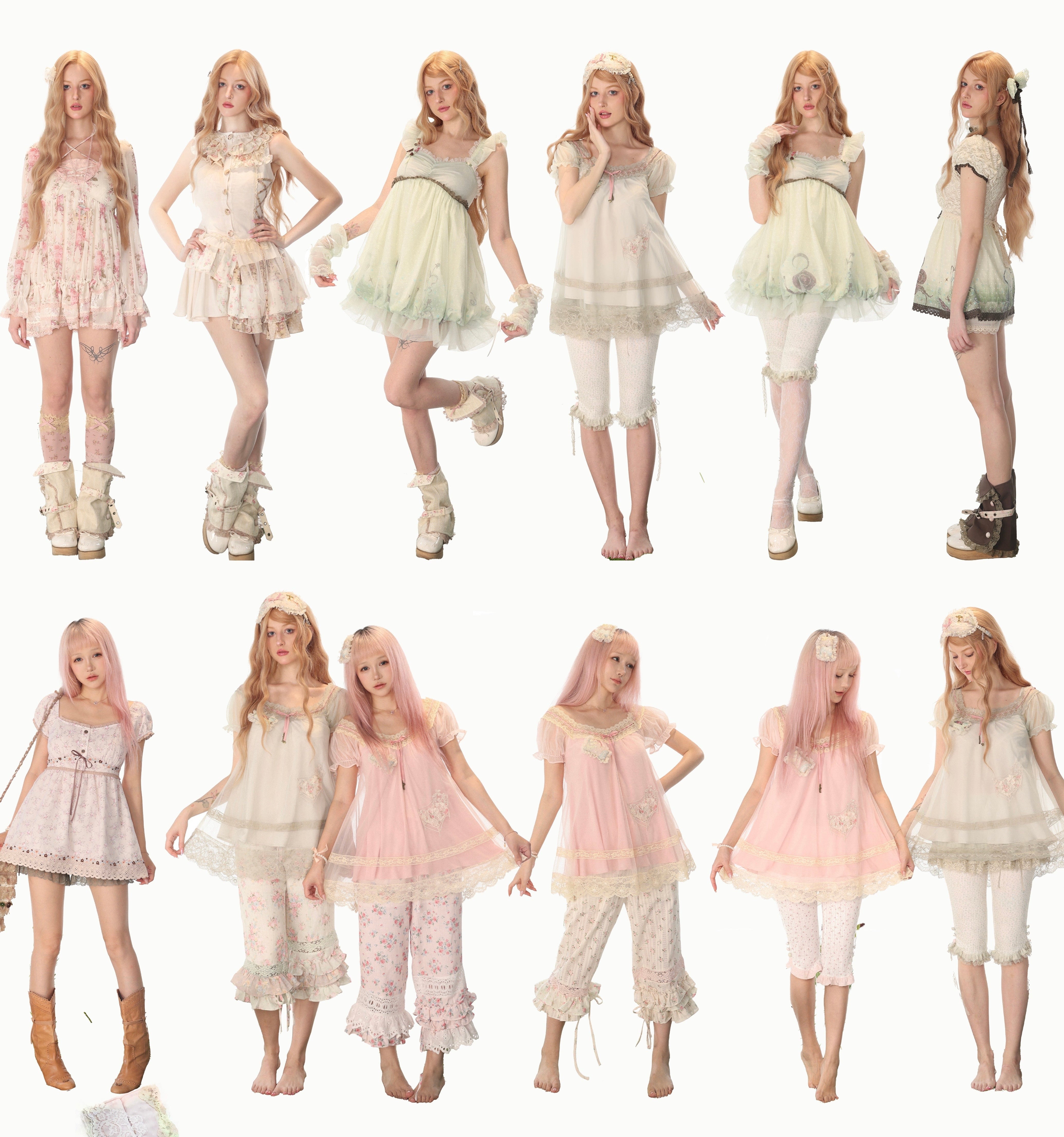 A collage of multiple young women modeling pale pastel outfits, including pink, cream, and mint dresses and tunic sets, on a white background with small decorative illustrations around the edges.